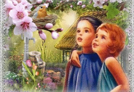 the joy of spring - flowers, birds, nature, vintage, birds-nest, spring, children