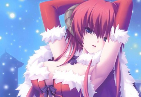 Demon Girl - horn, redhead, girl, snow, winter, orginal, christmas