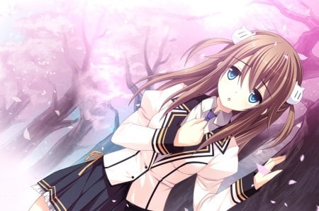 Hagiwara Hinano - school uniform, cherry blossom, sakura, game, girl, long hair, cg