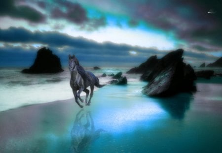 Running Free - black, gallop, running, blue, sea, horse, rocks