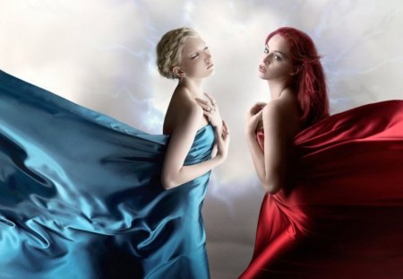 Red v/s Blue - women, veil, redhead, fantasy, females, pretty, blue, beautiful, digital art, red, witches, blonde