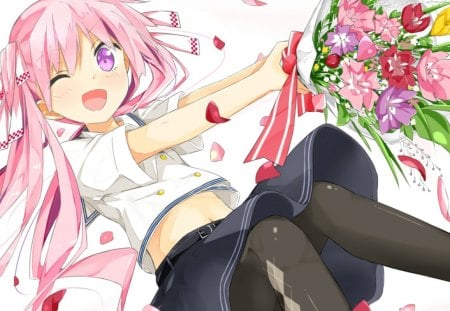 Bouquet of Flowers For You!! - anime, girl, wink, petals, bouquet, happy, flowers, colorful, pink hair, ribbons