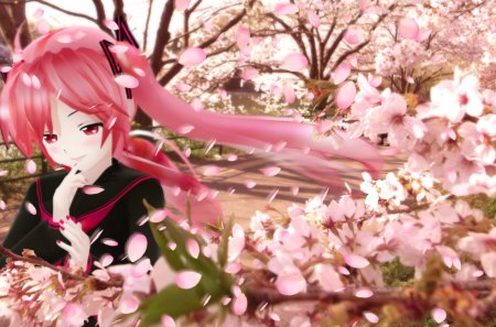 Sakura - nice, realistic, redhead, female, hot, anime girl, wind, cherry blossom, windy, pretty, petals, anime, sakura blossom, cute, sexy, girl, twintails, long hair, red hair, lovely, cg, floral, sakura, 3d, blossom, sweet, breeze, flower