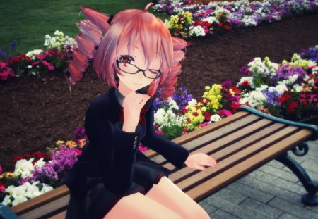 Come Have a Sit - realistic, female, hot, glasses, sungalsses, anime girl, bench, petal, anime, wink, cute, sexy, girl, twintails, long hair, cg, chair, floral, 3d, blossom, flower