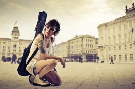 stylish girl - sit, guitar, builldings, sunglass