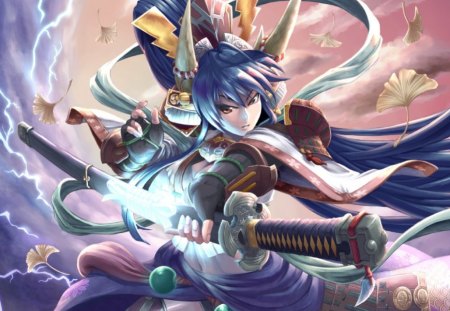 Lighting Warrior - realistic, female, hot, magic, anime girl, blade, fantasy, armor, sparks, cloud, katana, anime, lighting, thunder, sword, cute, sexy, girl, warrior, light, long hair, samurai, fighter, cg, glow, blue hair, 3d, leaves