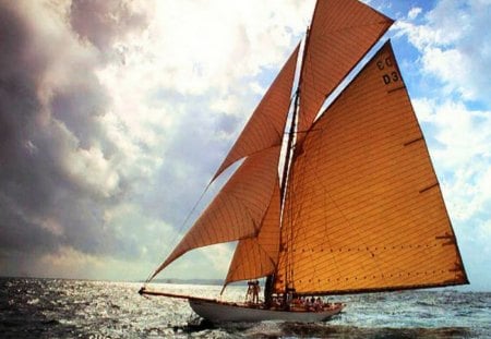 Stormy Sailing - sky, clouds, boat, sails, sea