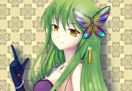 CC - nice, beauty, close up, female, hot, cc, wings, geass, anime girl, elegant, gorgeous, pretty, anime, cute, yellow eyes, sexy, girl, long hair, gloves, code geass, lovely, divine, butterfly, wing, beautiful, sweet, green hair