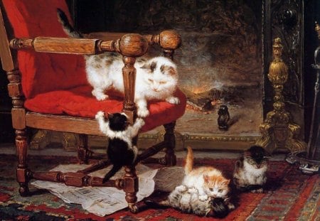 Kittens playing by Henriette Ronner-Knip - red, animal, cute, interior, cat, play, henriette ronner knip, chair, art, white, kitten, painting