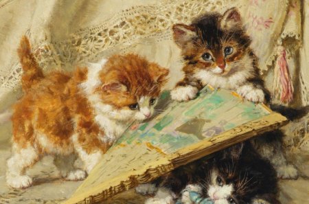 Kittens by Henriette Ronner-Knip - animal, fan, black, cat, play, henriette ronner knip, blue, art, kitten, orange, painting, ginger, green