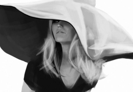 Black and white beauty - drawing, big hat, girl, beauty, art