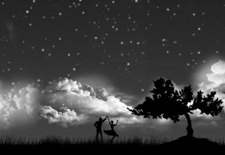 Dance in the open air - sky, silhouette, stars, dance, wp, bw, black, white, dancers