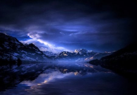 Moody blue night - lake, mountains, beauty, clouds, blue