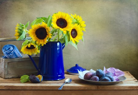 *** Beautiful still life *** - plums, flowers, sunflowers, nature