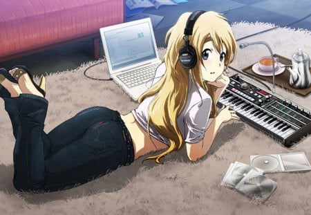 Listining to music - anime, music, cute, laptop