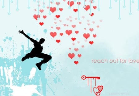 Reach Out - saying, sihloette, figure, jump, reach, love, hearts