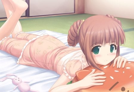 Relaxing - stuffed animal, bed, blushing, anime, anime girl