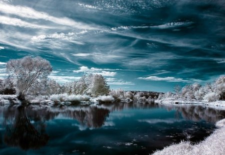 3D SPRING - nature, sky, trees, 3d, snow, water, grass, spring