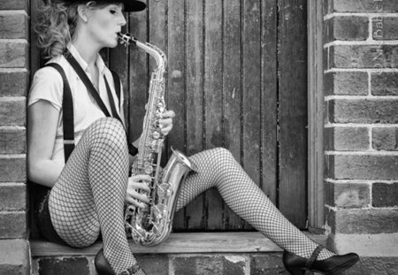 saxophone - saxophone, black, white, female, photography