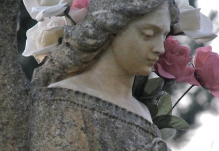 angel - roses, monument, gray, angel, pink, statue