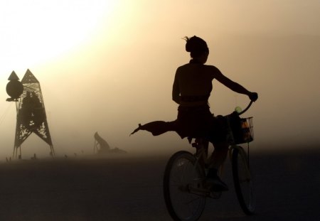 girl on a bicycle - bicycle, sunset, girl, road