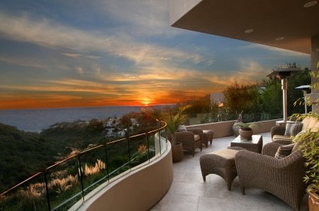 fabulous view from a balcony - view, balcony, sunset, sea