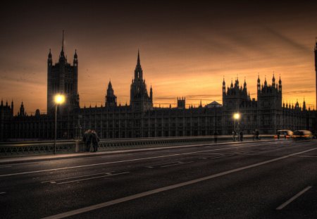 westminster palace at long exposure hdr - towers, hdr, palace, dusk, light, bridge