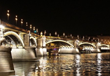 beautiful angled bridge at night - ripples, river, night, bridge, angle, lights