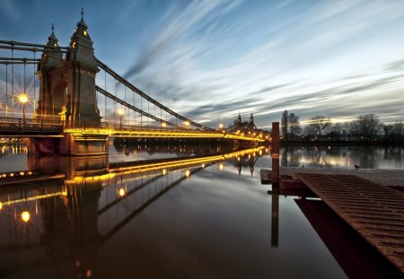 magnificent bridge at dawn - dawn, river, lights, towers, dock, bridge