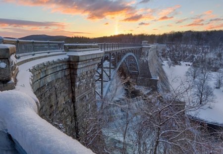 tall steel bridge over waterfall in winter - winter, sunset, waterfall, steel, bridhe