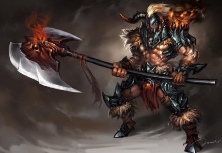 Axe Raider - warrior, armour, male, armor, fantasy, fire, flames, weapon, axe, lone, ax, warriors