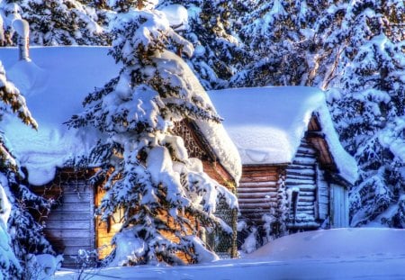 wonderful cabins in heavy winter hdr