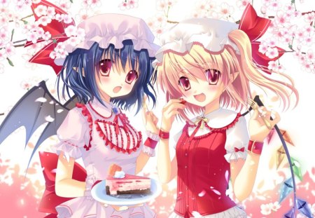 Have some Cake - nice, remilia scarlet, female, hot, wings, anime girl, cherry blossom, touhou, pretty, petals, anime, sakura blossom, food, ribbon, cute, flandre scarlet, sexy, girl, lovely, cake, floral, sakura, wing, blossom, sweet, fairy, dress, flower