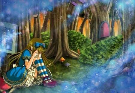 I want my Mummy - alice in wonderland, tears, female, hot, anime girl, wonderland, anime, plant, tree, ribbon, cute, sexy, girl, sad, tear, crying, alice, woods, forest, cry, dress