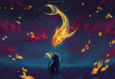 To Catch the Moonfish - moon, cat, dream, drawing, fantasy, painting, abstract, clouds, fish, artistic