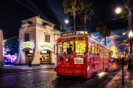 The Tram at Anaheim, CA - train, street, light, railway, buildings, night, hdr