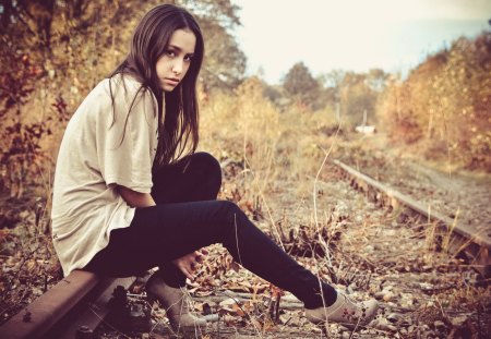 brunettes railroad - face, brunettes, railroad, grass