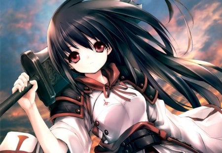 Broken Sword - anime, female, warrior, long hair, armor, broken, weapon, sky, fighter, brown eyes, anime girl, hot, girl, sword, break, red eyes, blade, black hair, cloud, cute, sexy