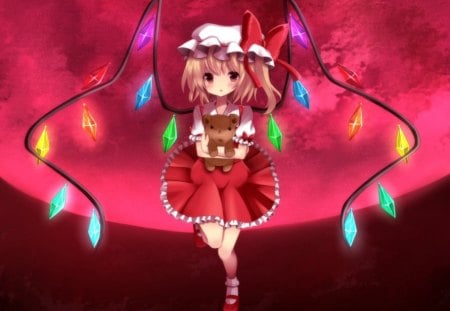 Flandre Scarlet - red, touhou, cute, wing, hot, anime, anime girl, girl, dress, wings, flandre scarlet, hat, cap, sexy, fairy, female