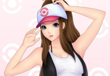 Touko - nice, realistic, beauty, female, hat, cap, hot, anime girl, brown hair, pretty, touko, anime, cute, sexy, girl, blue eyes, long hair, lovely, cg, pokemon, 3d, beautiful, sweet, smile, happy