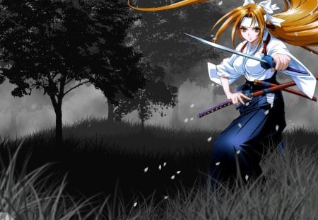 Anime Warrior - female, hot, anime girl, blade, petals, katana, anime, ninja, plant, sword, tree, cute, sexy, girl, warrior, fighter, long hair, samurai, woods, forest, weapon