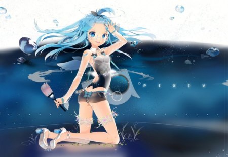 Anime - art, girl, pretty, blue, anime, cute