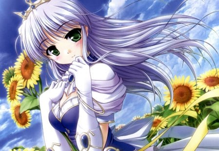 Feena Fam Earthlight - gown, flower, cute, blossom, hot, anime girl, girl, sunflower, tiara, elegant, gorgeous, floral, cloud, beautifu, pretty, beauty, sweet, anime, dress, sky, royalty, long hair, divine, nice, crown, lovely, sexy, female, princess