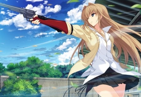 Shirley Corvette - gun, sky, female, hot, anime girl, brown hair, wind, windy, cloud, pistol, rifle, anime, cute, sexy, skirt, girl, blue eyes, long hair, leaves, weapon, breeze