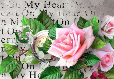 Heart of My Heart - rose, clock, flowers, valentines day, pocket watch, love, time, letter, vintage, pink roses, romantic