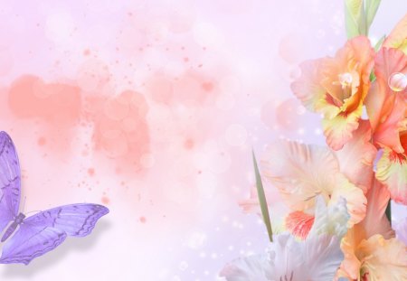 Iris So Softly - summer, iris, flowers, spring, papillon, abstract, butterfly, splash, peach, lavender, splatter