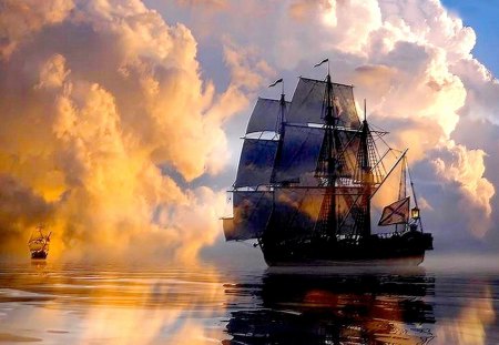 SAILING in the MIST - ship, sail, clouds, sea, mist