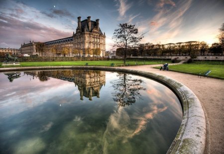 beautiful park next to a castle hdr - moon, reflection, castle, park, couds, hdr, pond