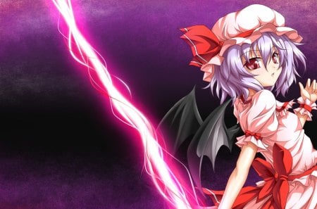 Remilia Scarlet - blush, wallpaper, black, cute, hot, girl, eyes, wings, ribbon, background, light, violet, devil, ribbons, red, beam, purple, touhou, pink, glow, dark, anime, hd, dress, sexy, hair