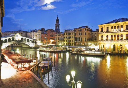 lovely canal scene in venice at night - moon, boats, evening, city, night, canal, bridge, lights